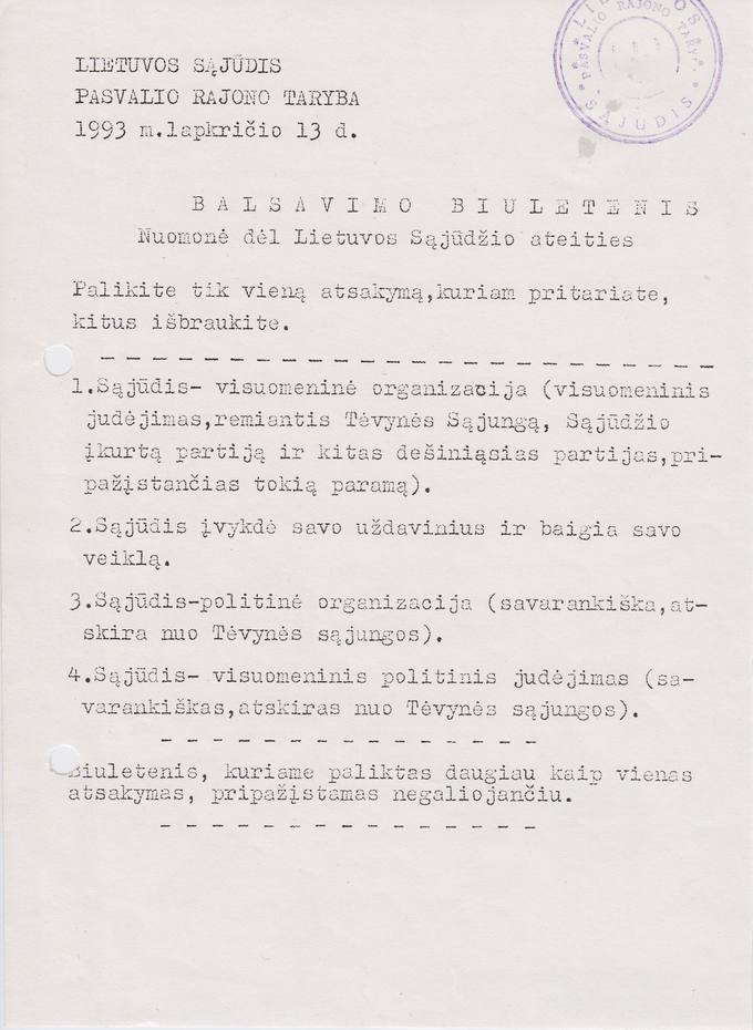 Lietuvos Sajūdžio Pasvalio rajono Tarybos  1993 m. lapkričio 13 d. BALSAVIMO BIULETENIS